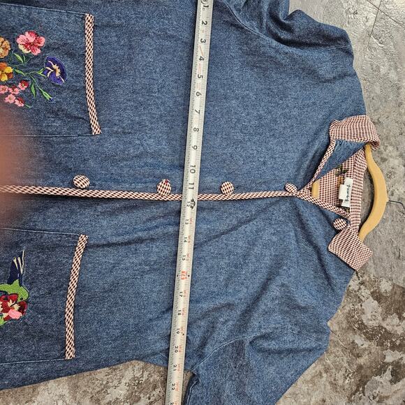 Vintage Button Up Denim Jacket Gingham Trim & Floral Embroidery Cottagecore - Picture 6 of 9